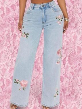 Fashion Nova Light Blue Floral Wide Leg Pants